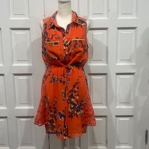 Miss Me Orange Floral Belted Dress with Lace Accents Size Medium